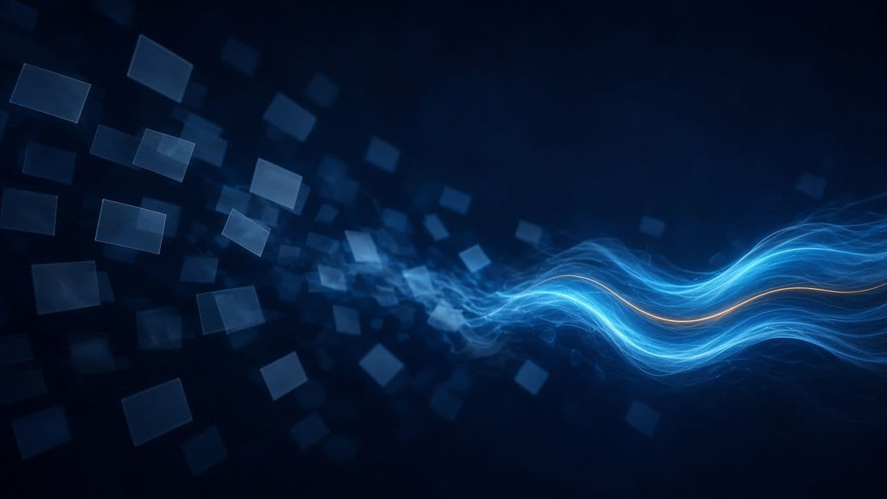 Scattered blank sheets gathering into a ribbon of cyan light